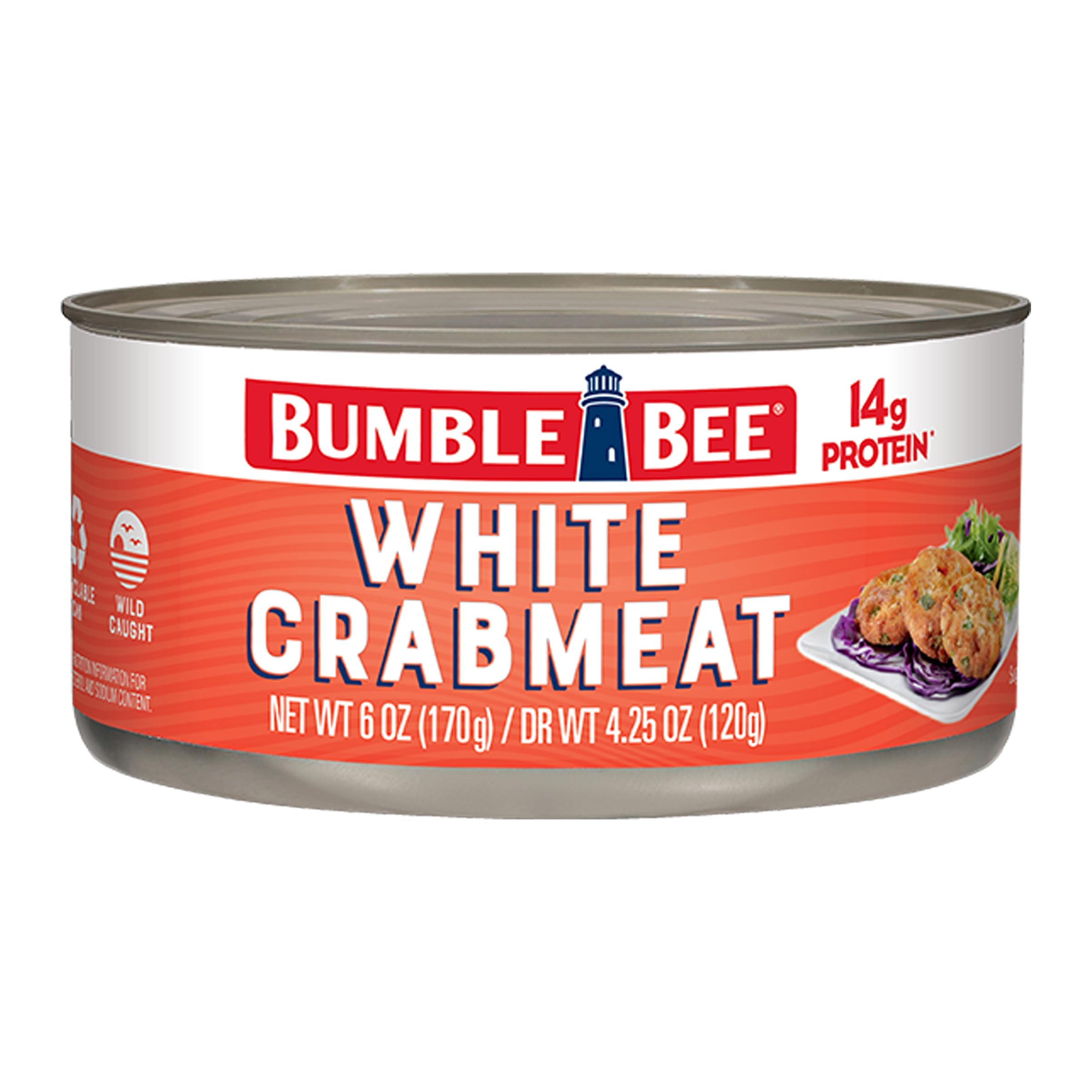 Bumble Bee white crab meat in water can, convenient protein for meals.