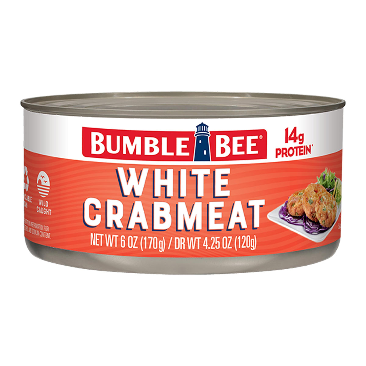 Bumble Bee white crab meat in water can, convenient protein for meals.
