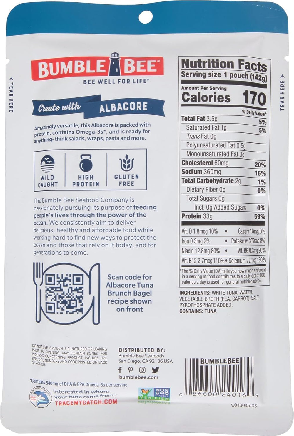 Bumble Bee wild-caught tuna protein per pouch for a convenient high-protein meal
