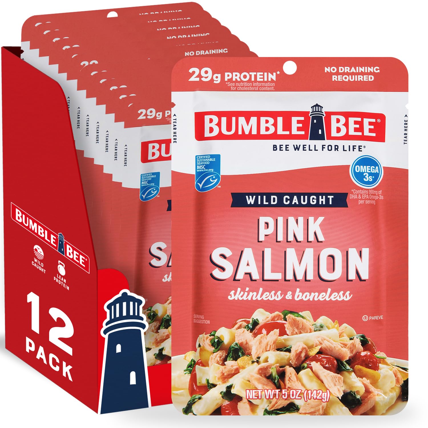 Bumble Bee wild salmon pouch front view, ready for a quick high-protein snack
