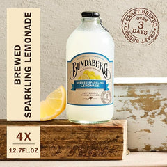 Close-up of Bundaberg Lemonade label highlights slow-brew craftsmanship.