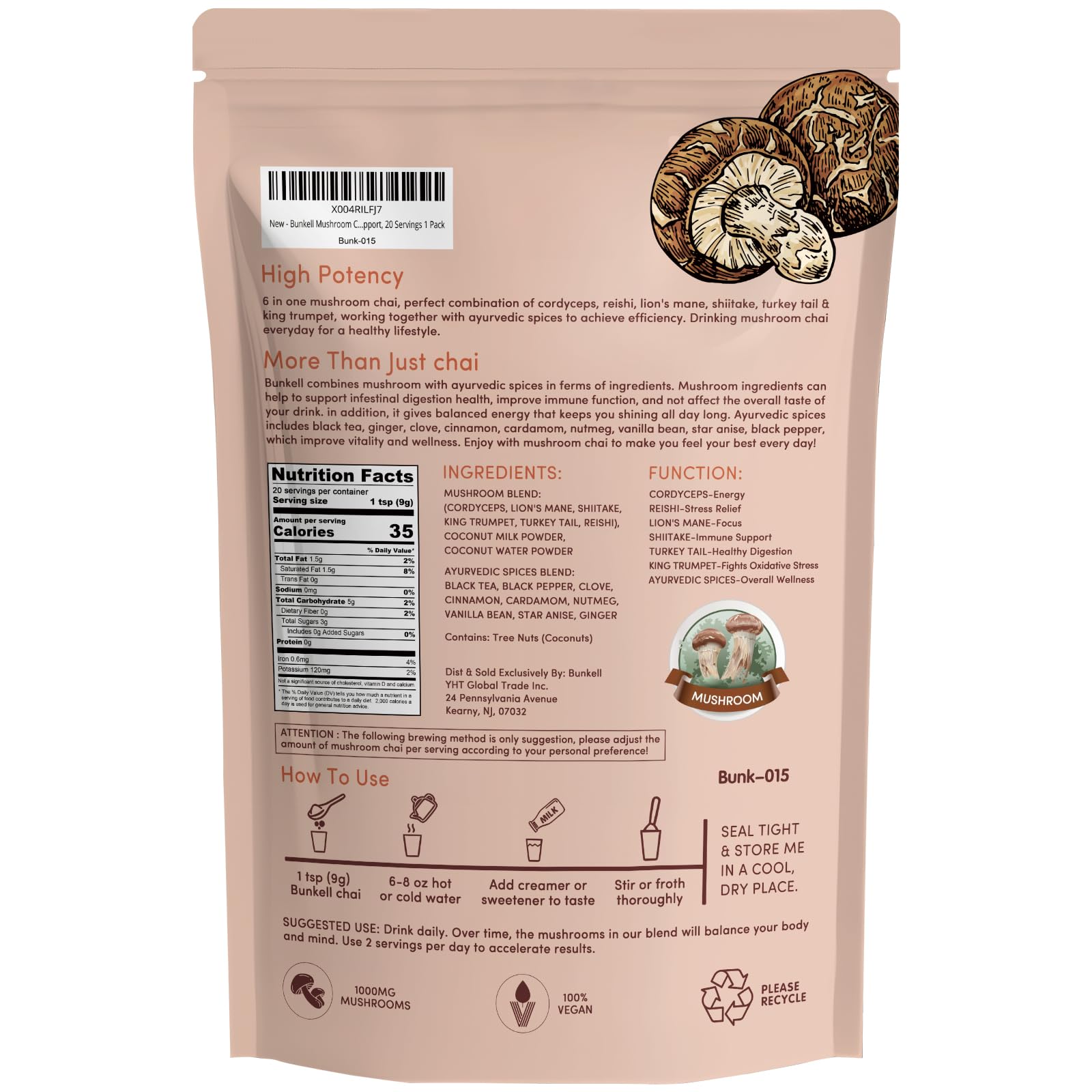Bunkell Mushroom Chai brand label on packaging for trust and authenticity