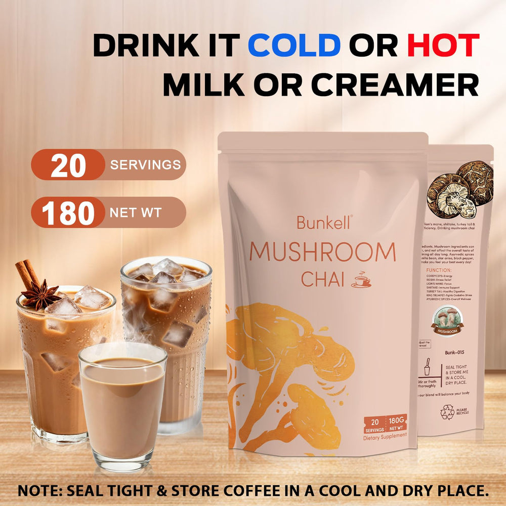 Bunkell Mushroom Chai brewed glass with a refreshing iced presentation