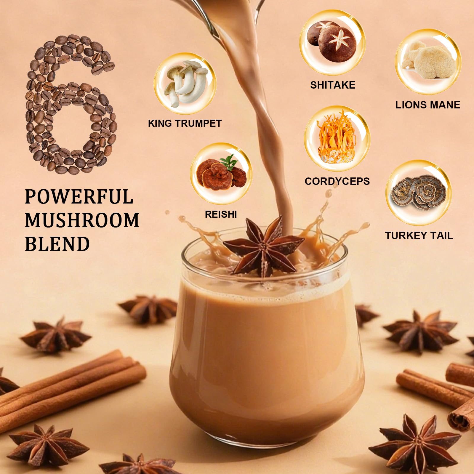 Bunkell Mushroom Chai mushrooms close-up highlighting Lion's Mane and Reishi