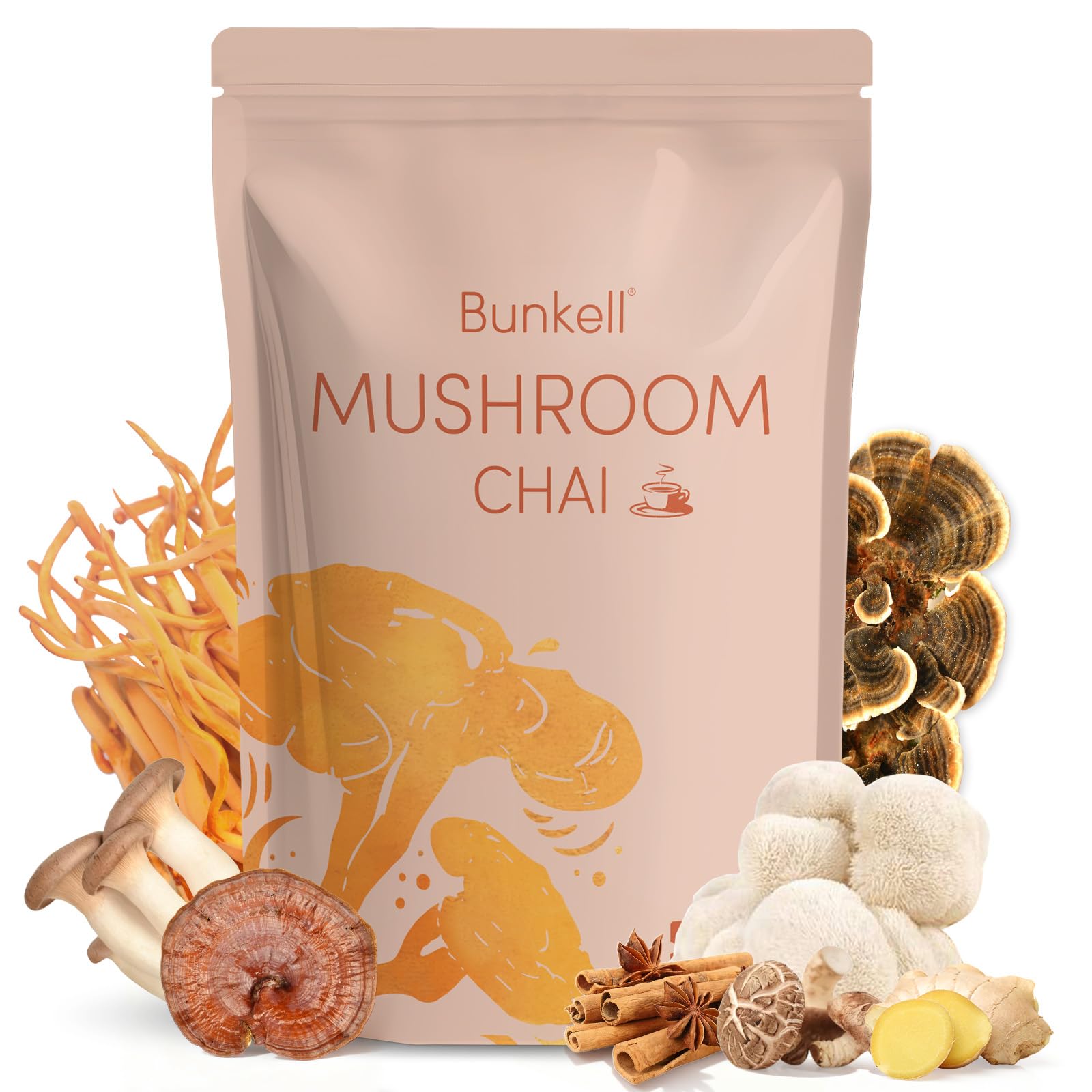 Bunkell Mushroom Chai pack shot showing the blend and packaging for energy and focus