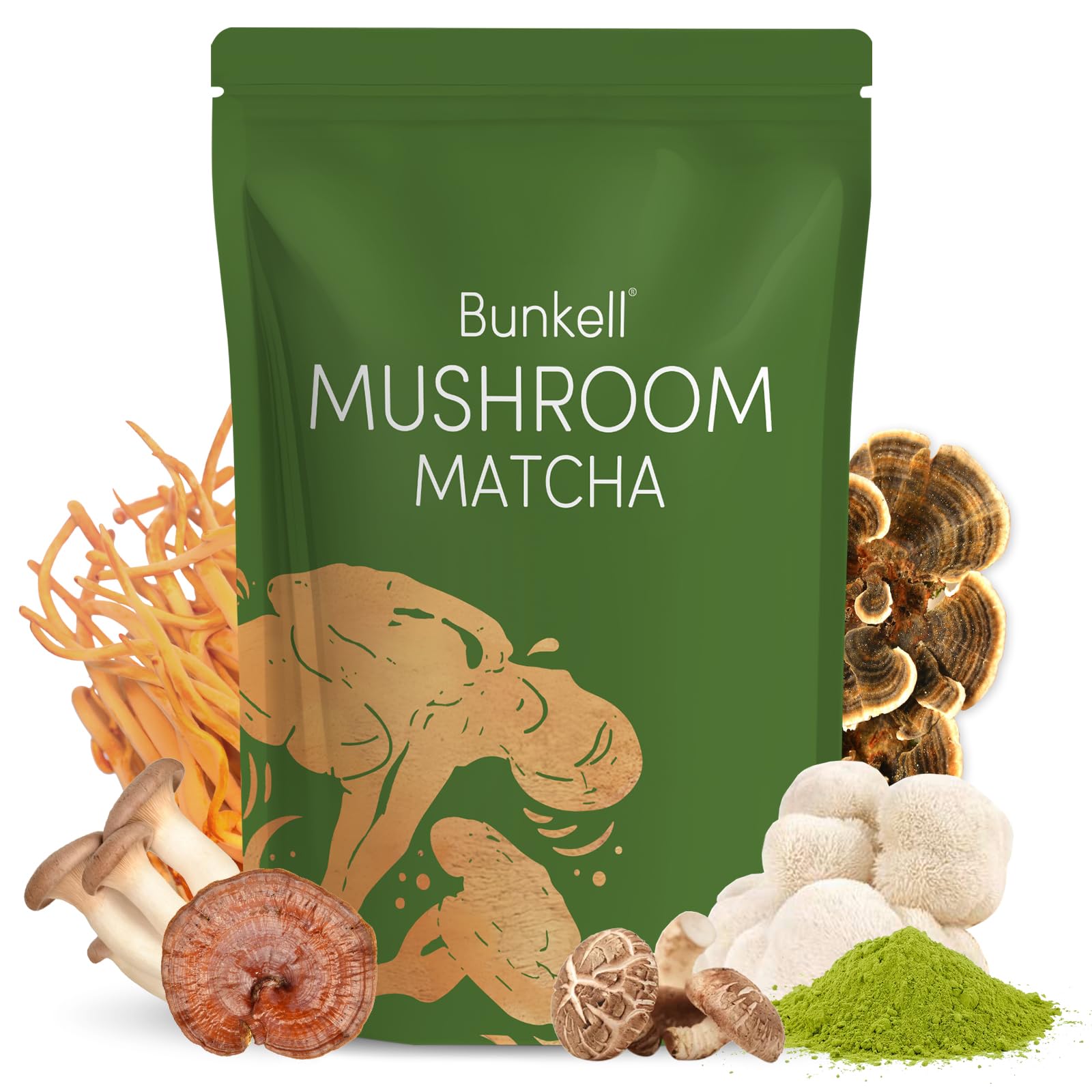 Bunkell Mushroom Matcha pack shot showing the vibrant blend for energy and focus