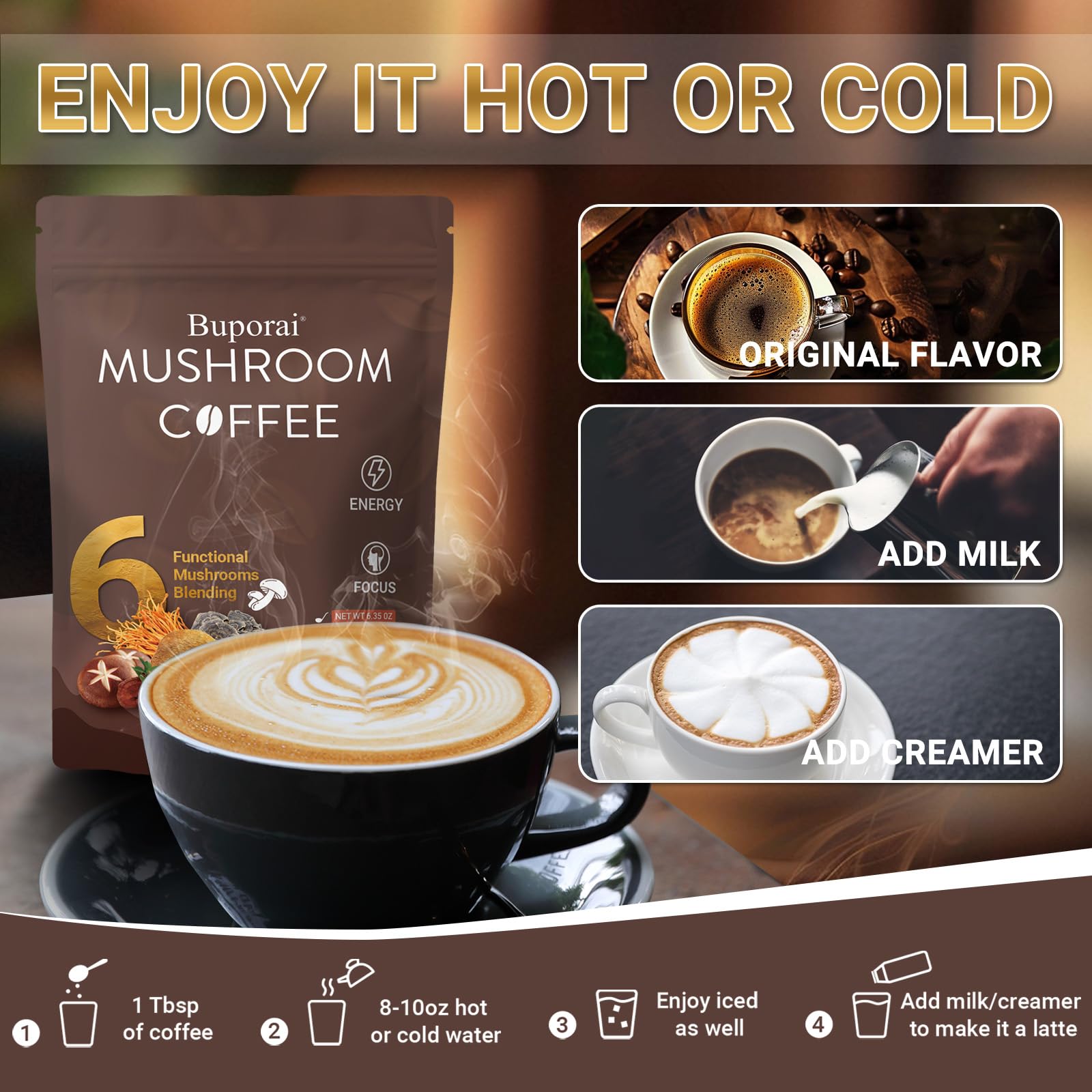 Close-up of creamy, aromatic Buporai mushroom coffee