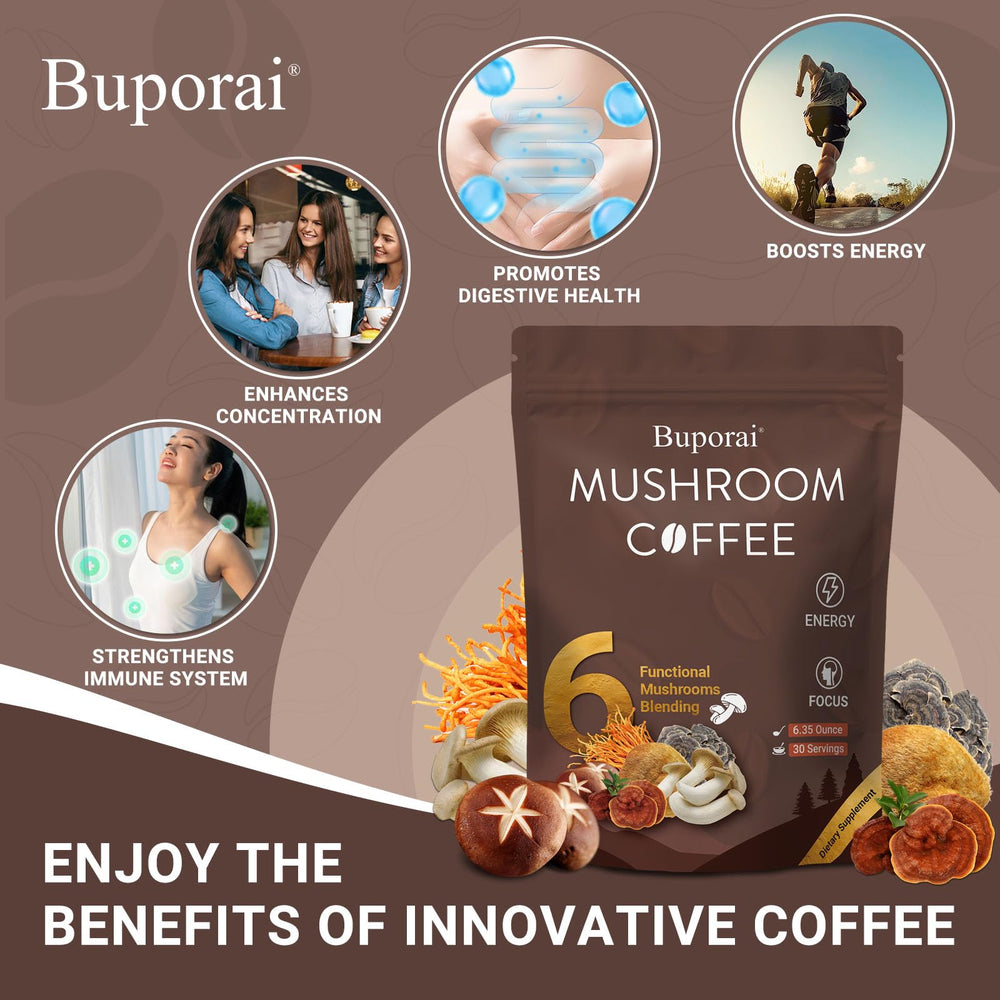 Graphic display shows six functional mushrooms in Buporai blend