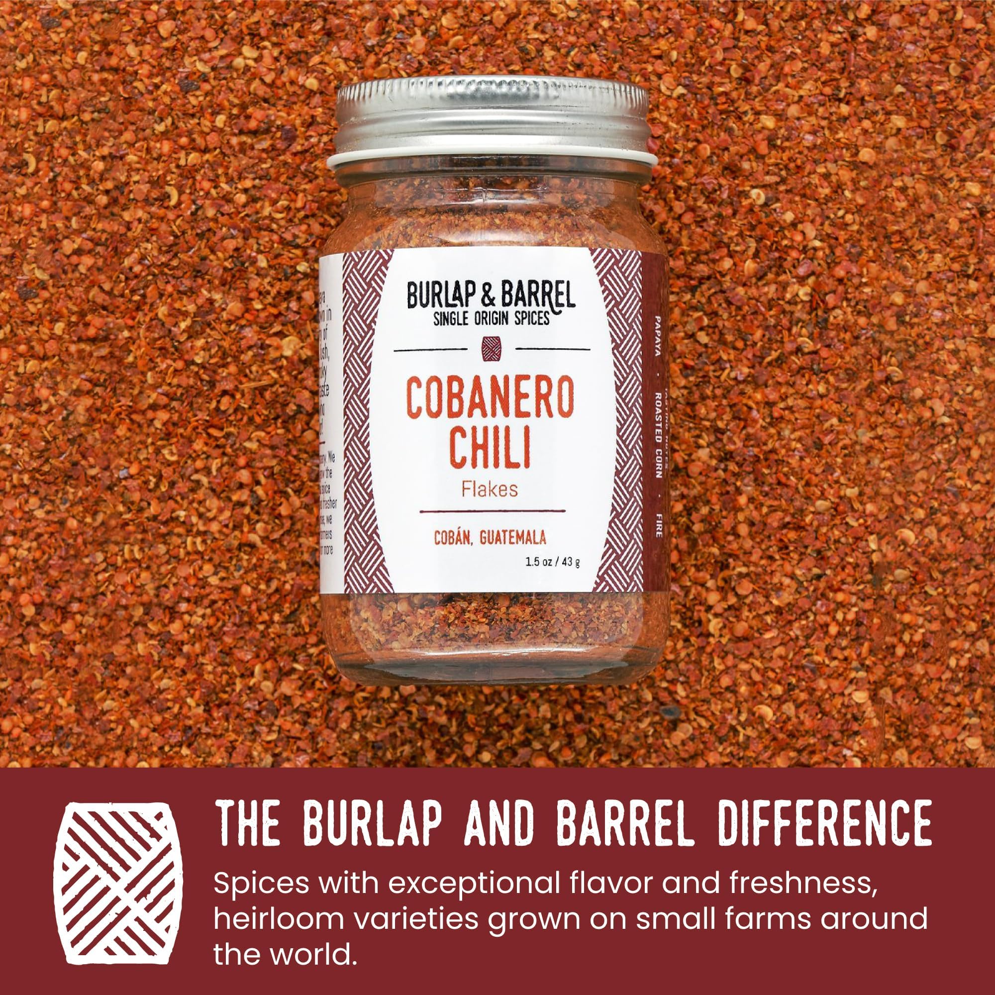 Burlap & Barrel Cobanero flakes on spice shelf illustrate single-origin, farm-to-table quality.