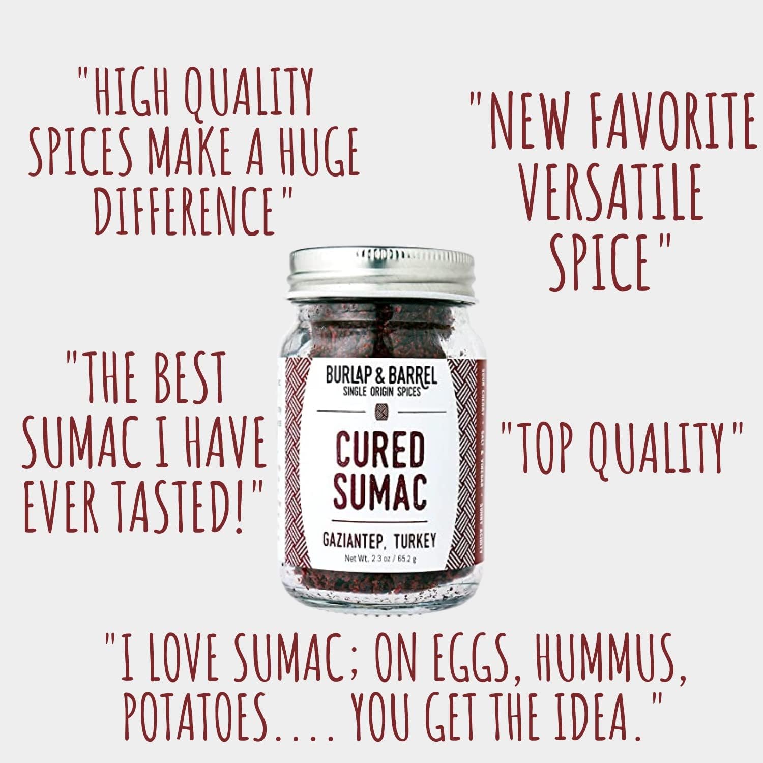 Burlap & Barrel sumac jar close-up reveals salt-preserved tartness for hummus.