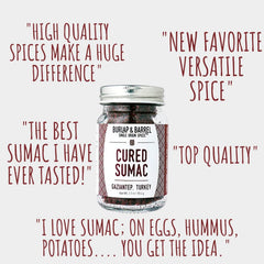 Burlap & Barrel sumac jar close-up reveals salt-preserved tartness for hummus.