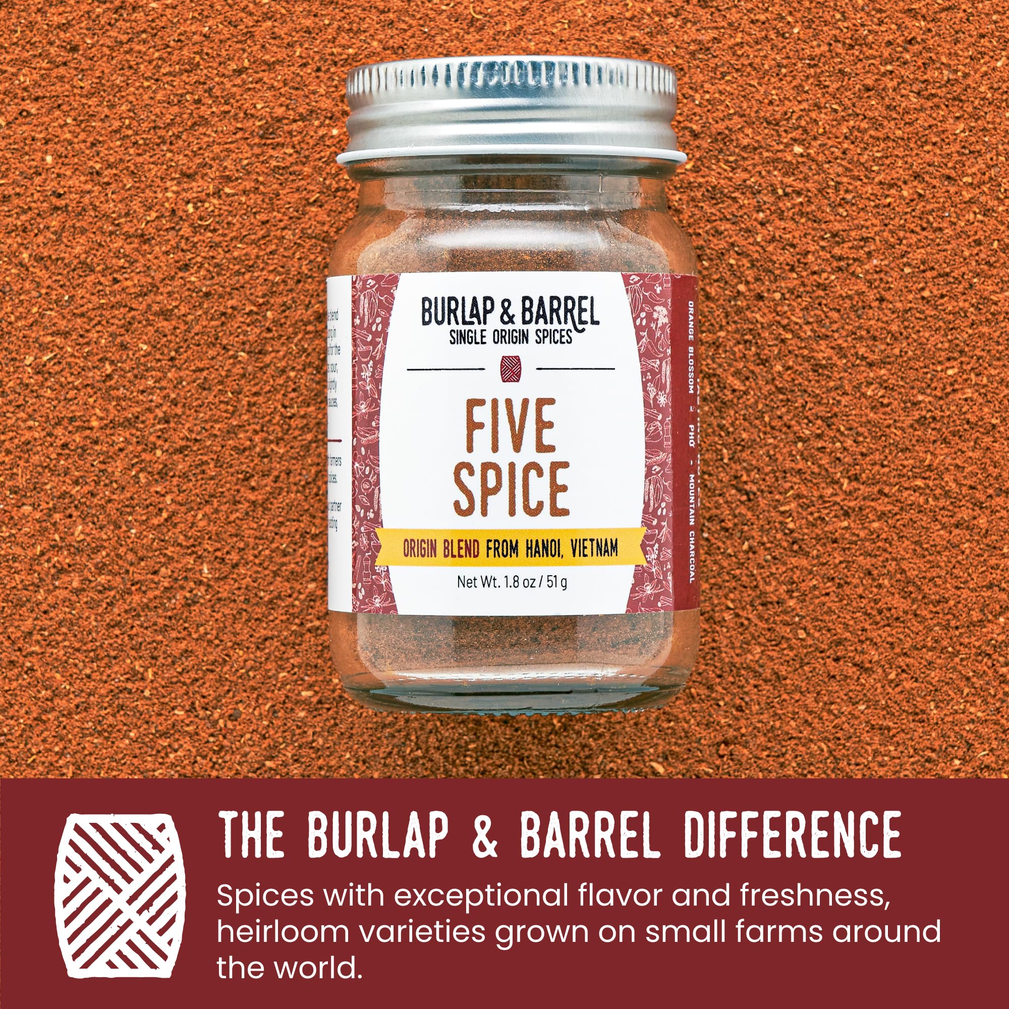 Burlap and Barrel Five Spice ground spice powder ready to season stir-fries and roasts.