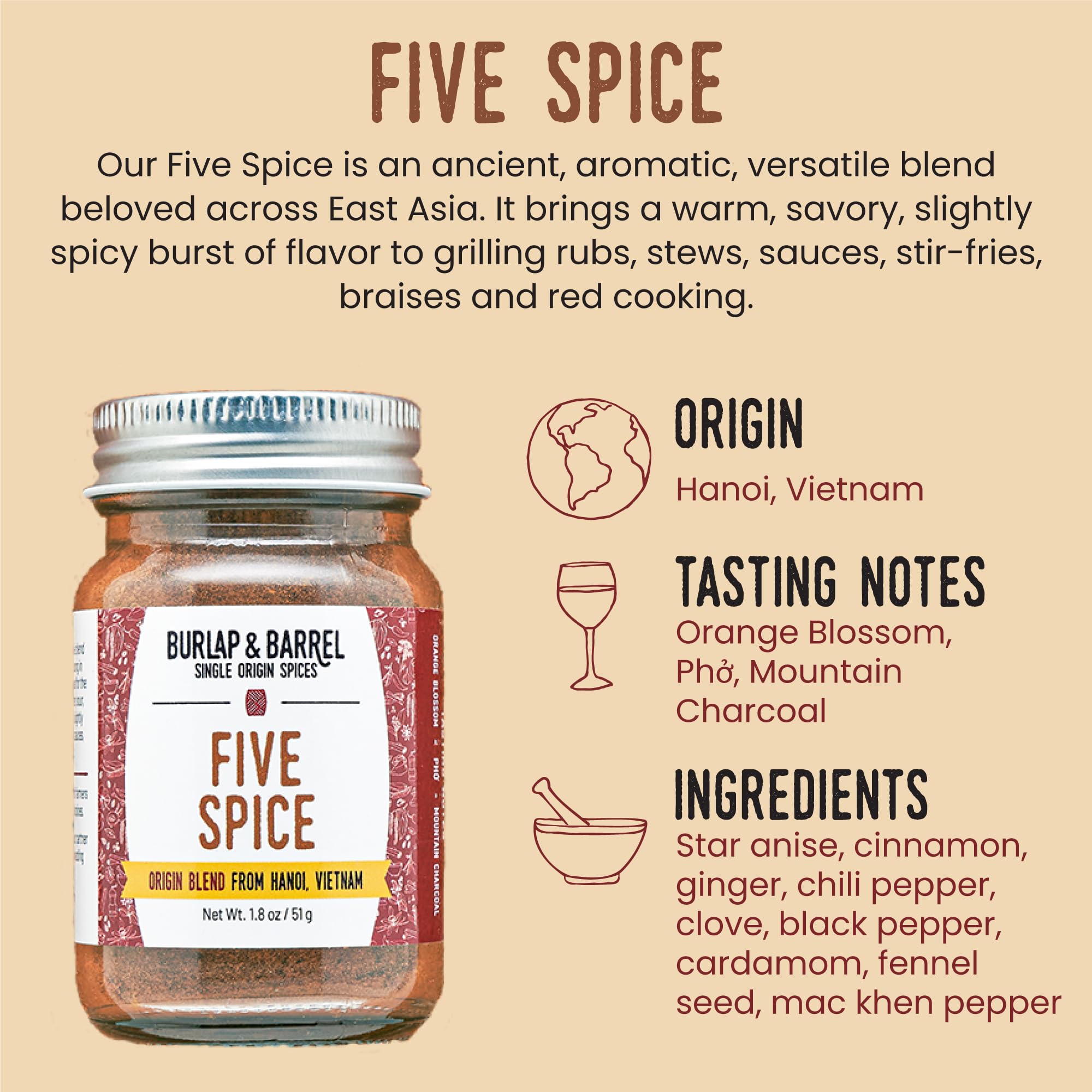 Burlap and Barrel Five Spice spice dispense scoop shows easy measuring for meals.