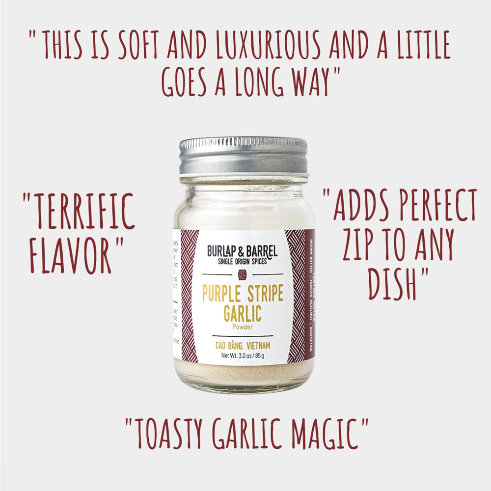 Label of Burlap & Barrel Purple Stripe Garlic Powder shows heirloom origin