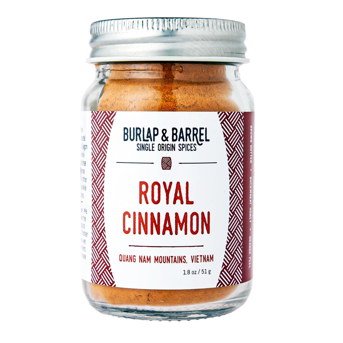 Burlap & Barrel Royal Cinnamon jar close-up showing fine powder for desserts and beverages