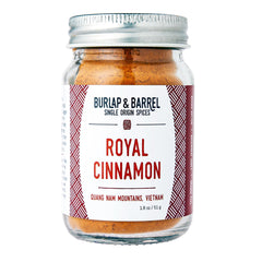 Burlap & Barrel Royal Cinnamon jar close-up showing fine powder for desserts and beverages