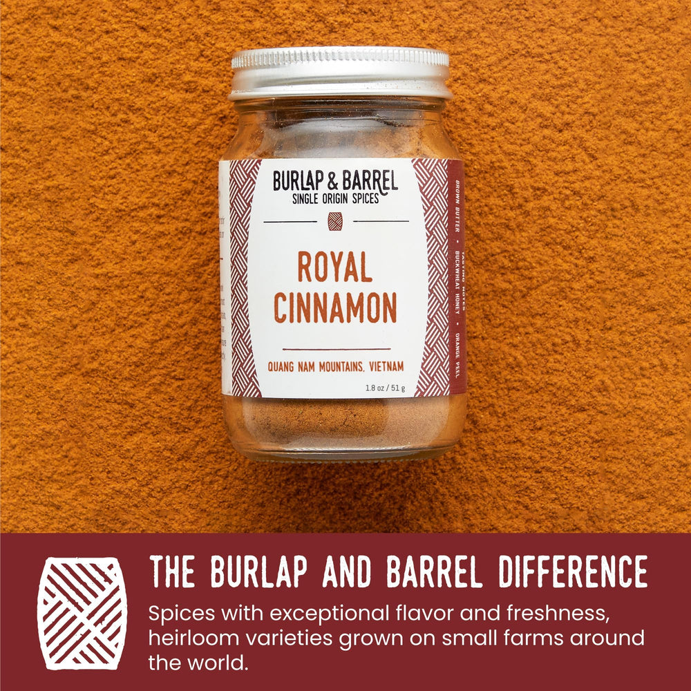 Burlap & Barrel Royal Cinnamon packaging with glass jar, premium single-origin spice
