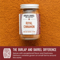 Burlap & Barrel Royal Cinnamon packaging with glass jar, premium single-origin spice