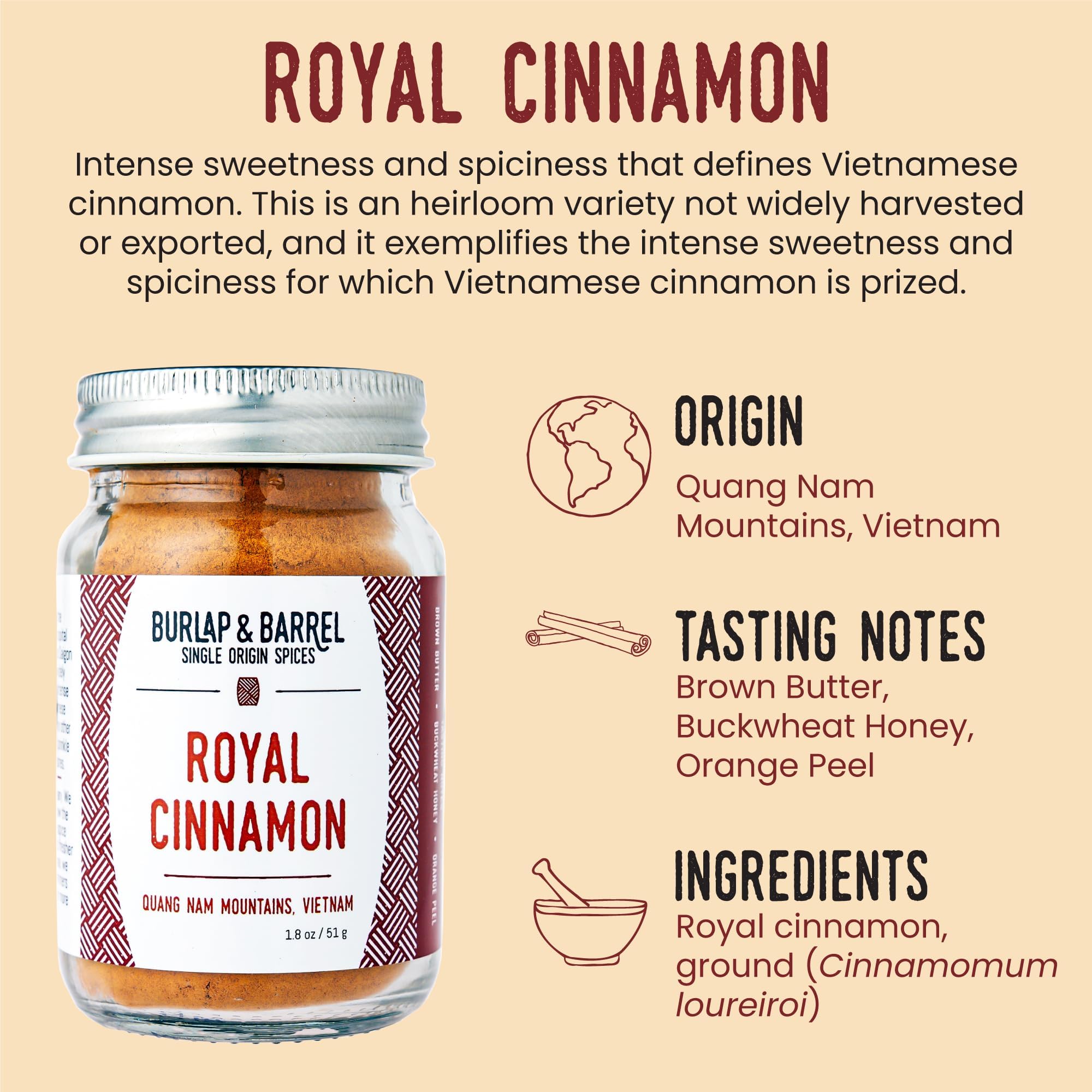 Burlap & Barrel Royal Cinnamon powder being poured, highlighting intense aroma for baking