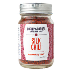 Burlap & Barrel Silk Chili Flakes jar closeup for rich, balanced heat