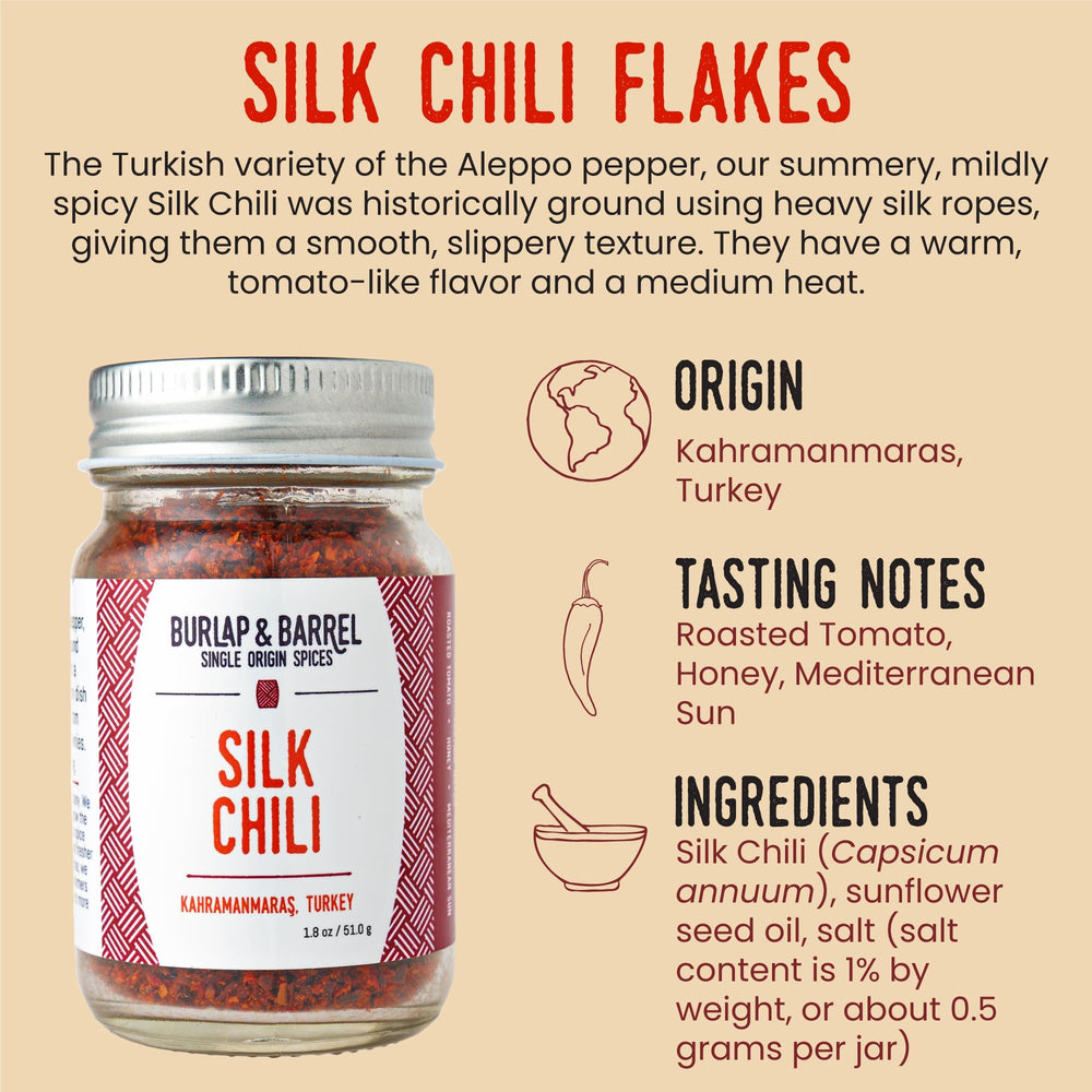 Burlap & Barrel Silk Chili Flakes being poured over food for aroma