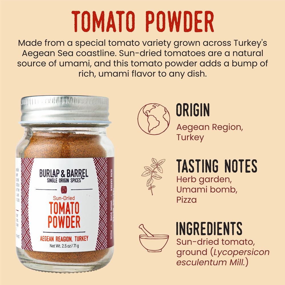 Burlap & Barrel tomato powder sprinkled for even dusting on snacks