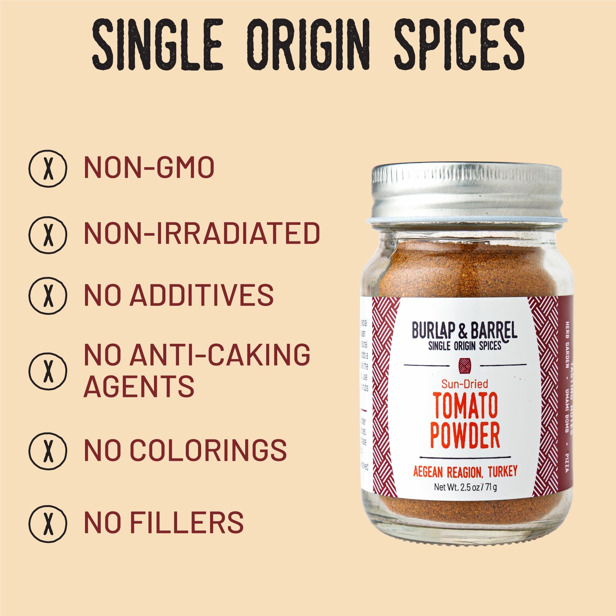 Burlap & Barrel tomato powder close-up shows 100% tomatoes for natural umami