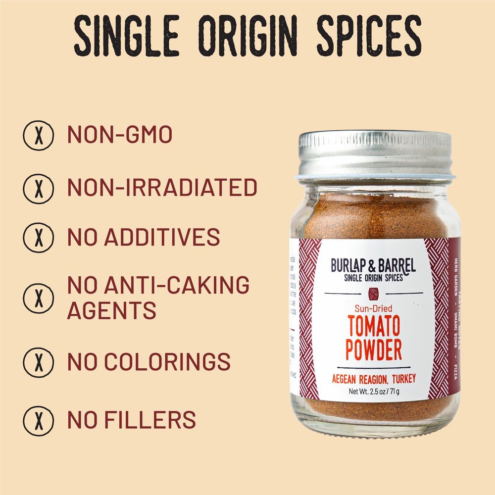 Burlap & Barrel tomato powder close-up shows 100% tomatoes for natural umami