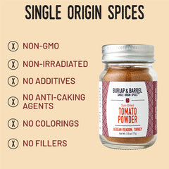 Burlap & Barrel tomato powder close-up shows 100% tomatoes for natural umami