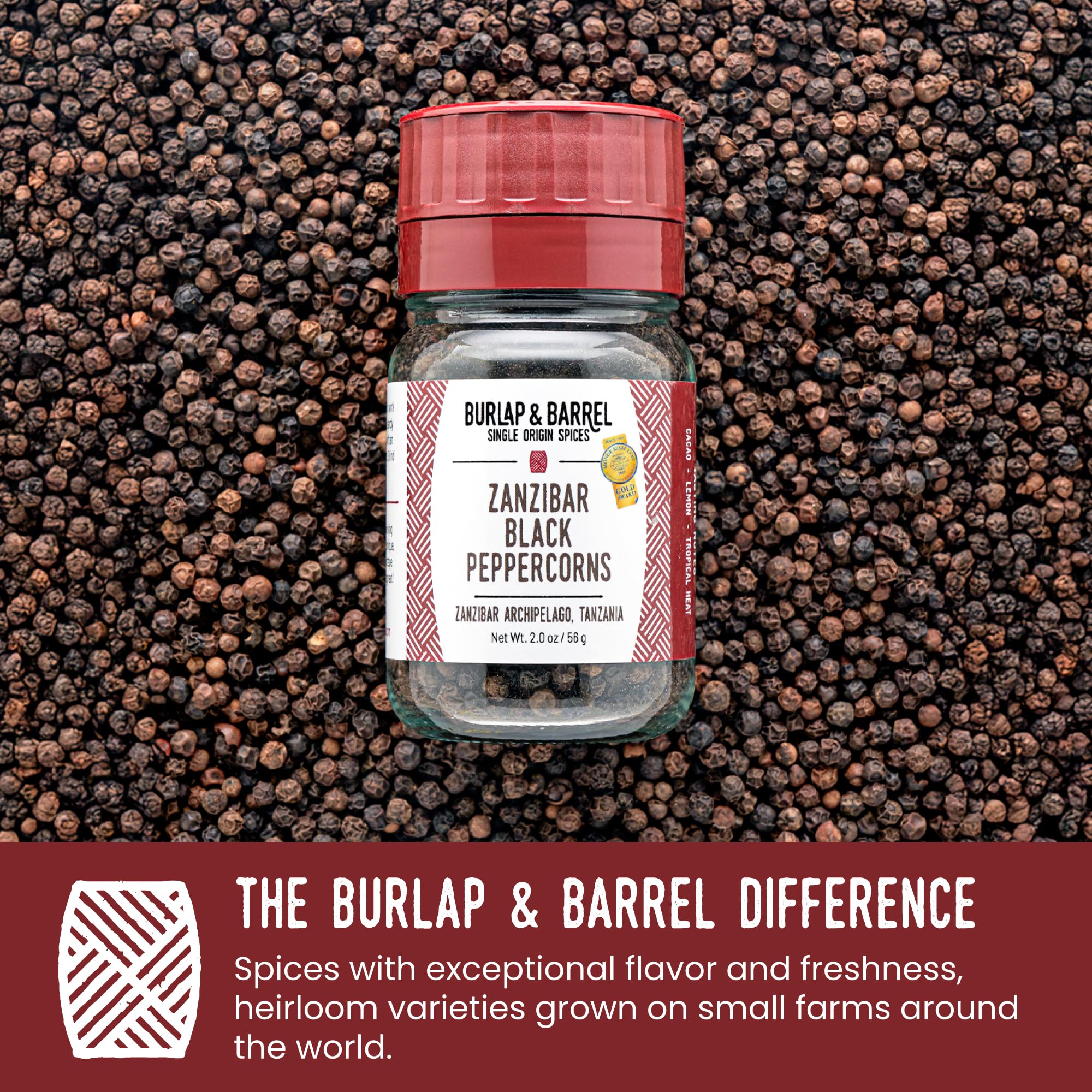 Close-up of Burlap & Barrel Zanzibar peppercorns showing wrinkled, fruity notes
