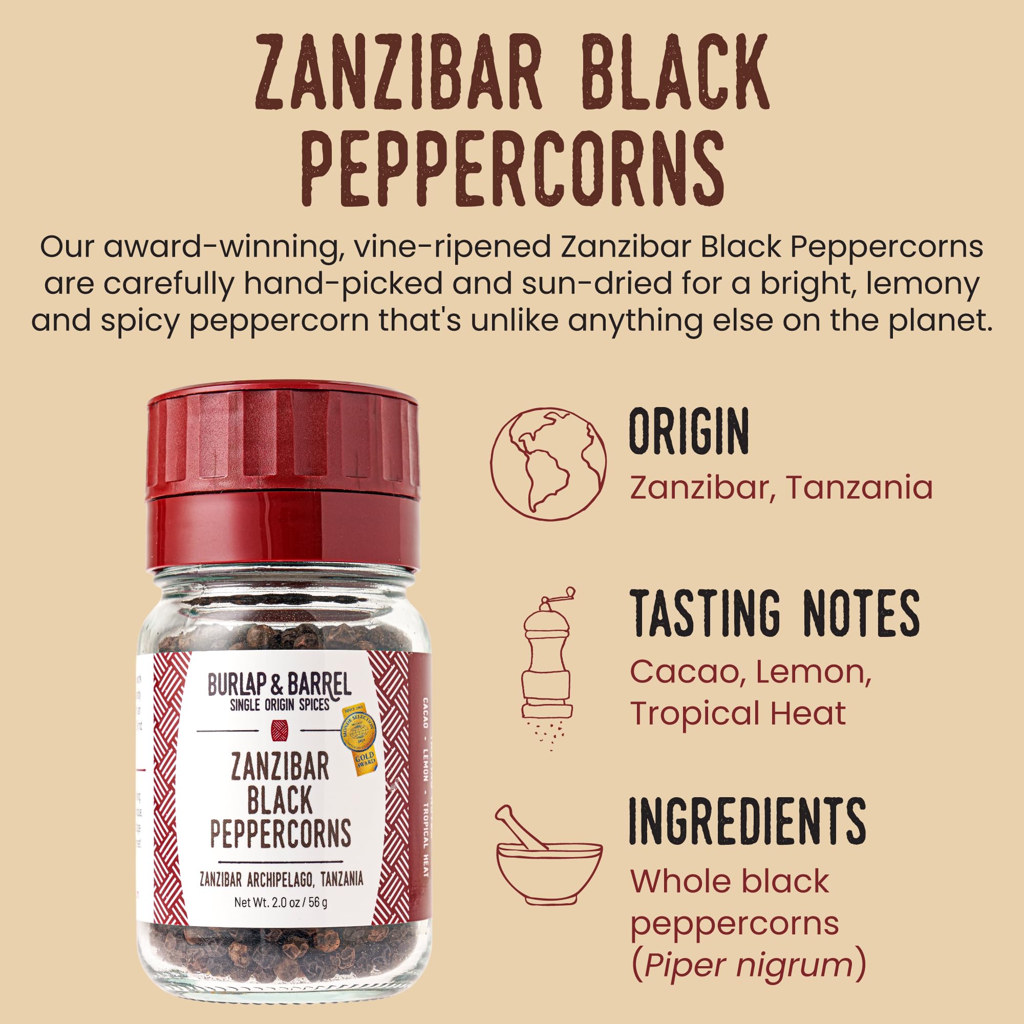 Grinder-top Burlap & Barrel Zanzibar peppercorns in use
