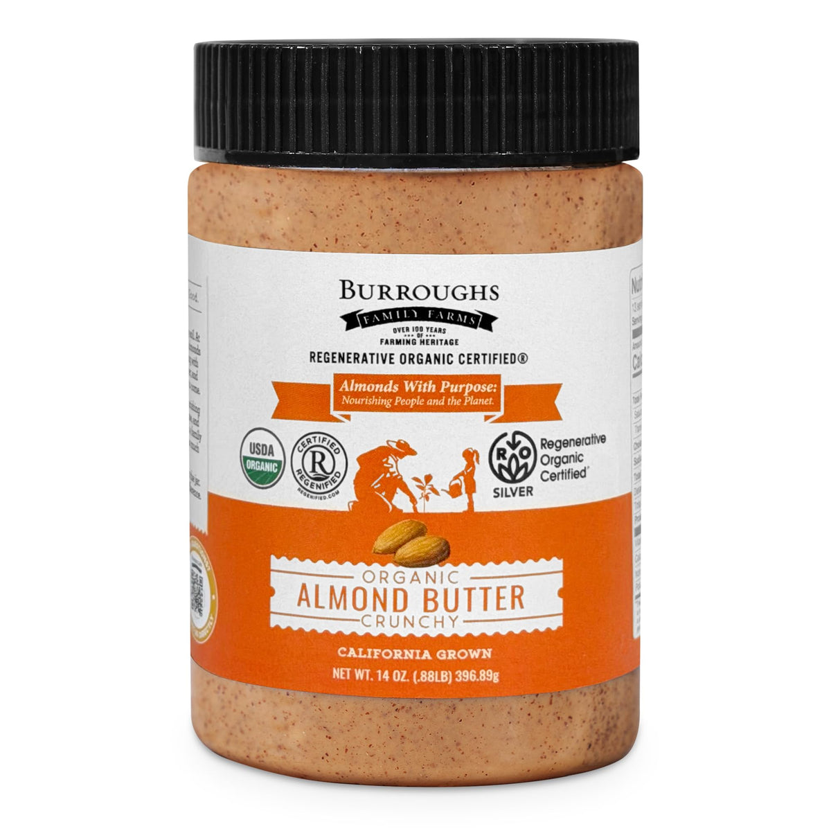 Burroughs Family Farms almond butter jar with crunchy texture ideal for spreading