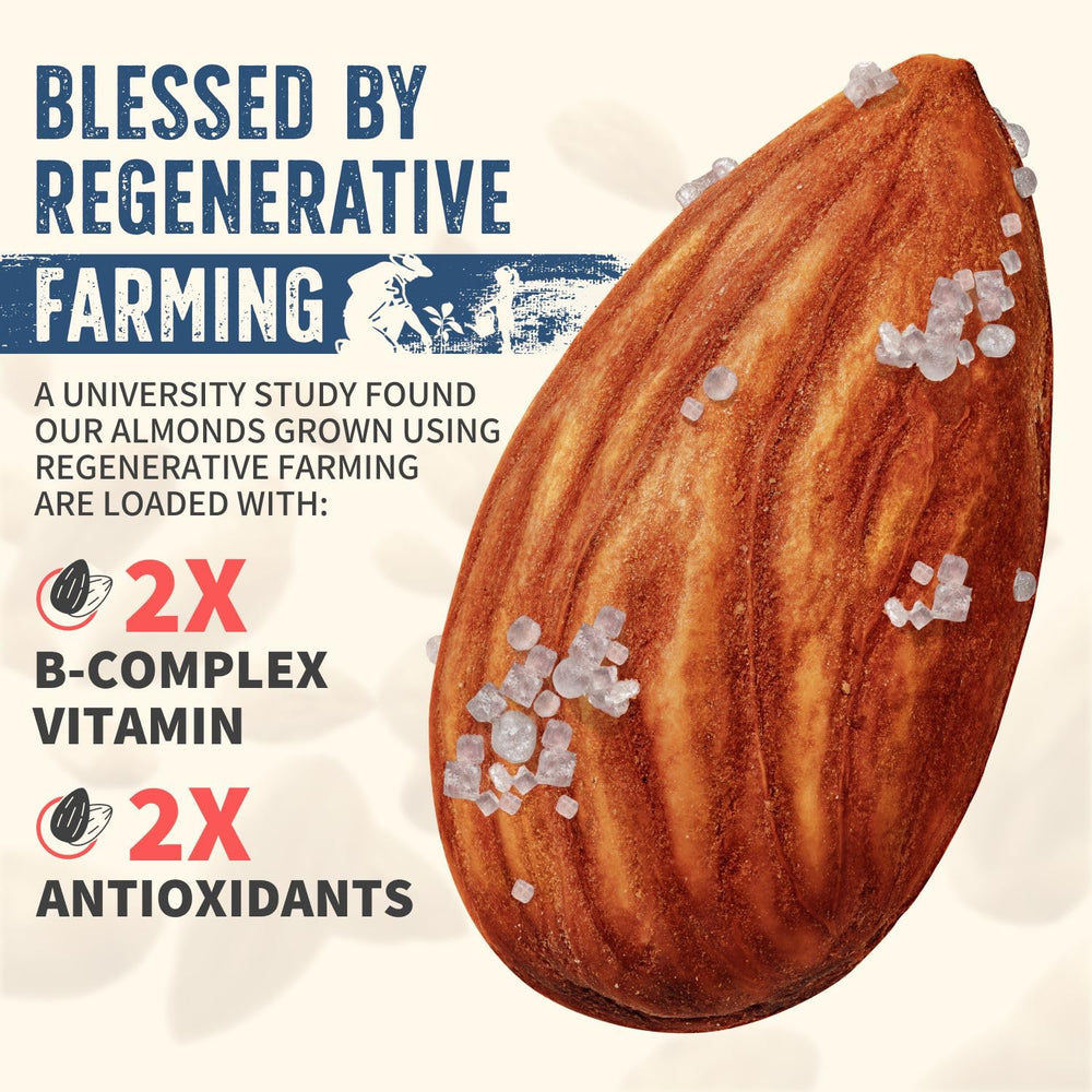 Burroughs Family Farms almonds on the counter, easy pantry protein.