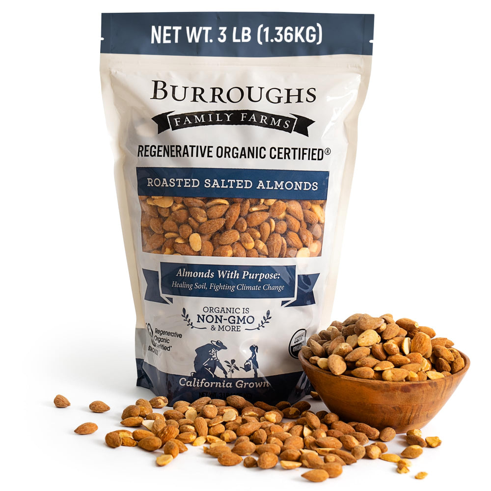 Burroughs Family Farms almonds packaging for premium on-the-go snacking.