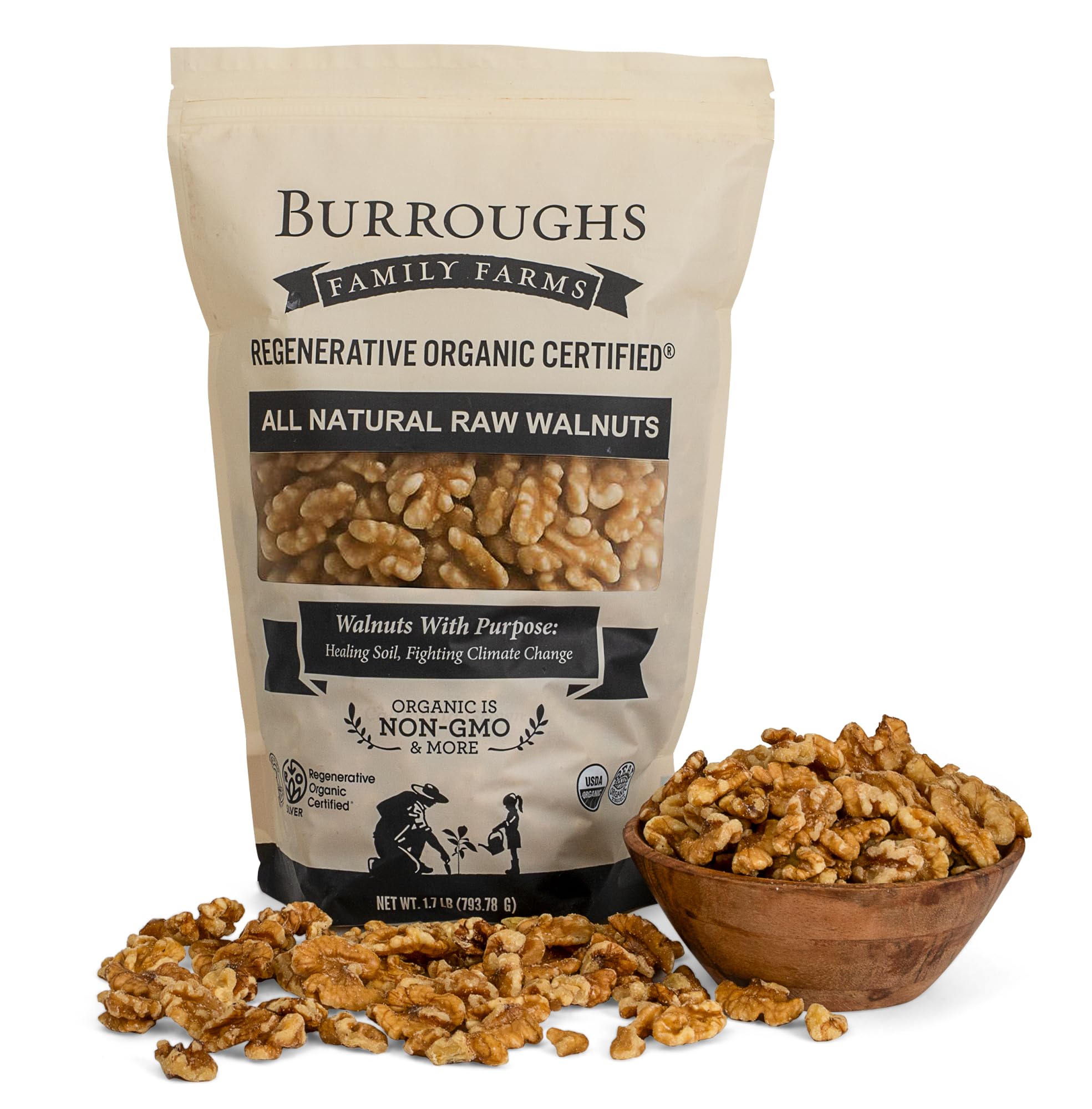 Burroughs Family Farms organic walnuts halves pack, ideal for snacking.