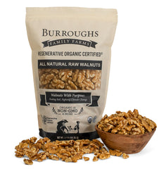 Burroughs Family Farms organic walnuts halves pack, ideal for snacking.