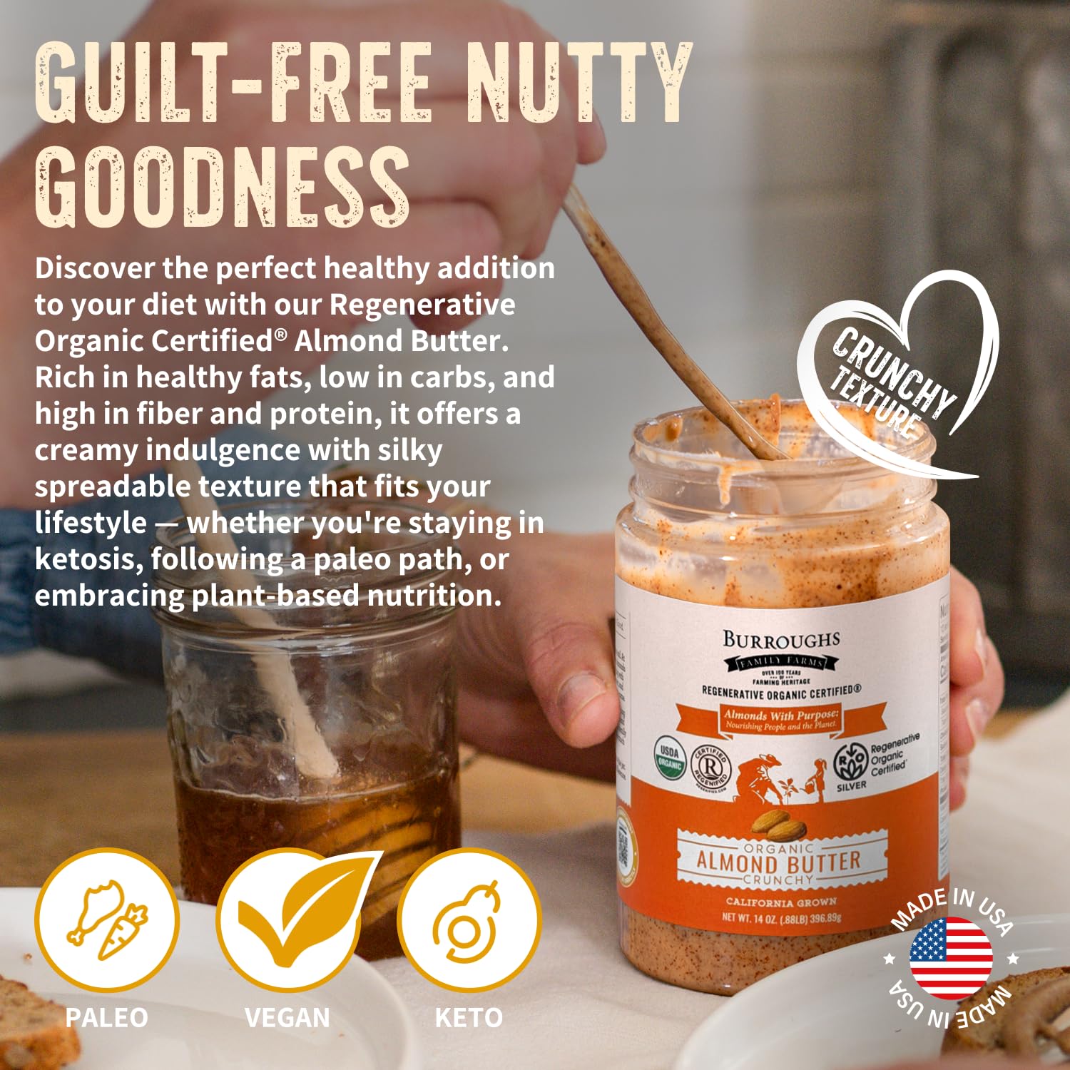 Burroughs almond butter blends into smoothies for a creamy boost