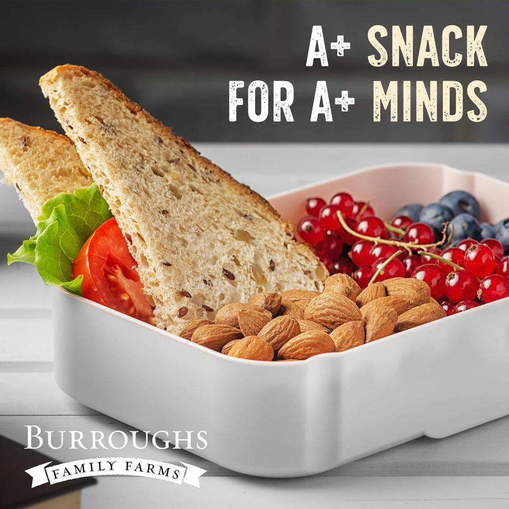 Burroughs Family Farms USDA Organic raw almonds emphasize purity and quality.