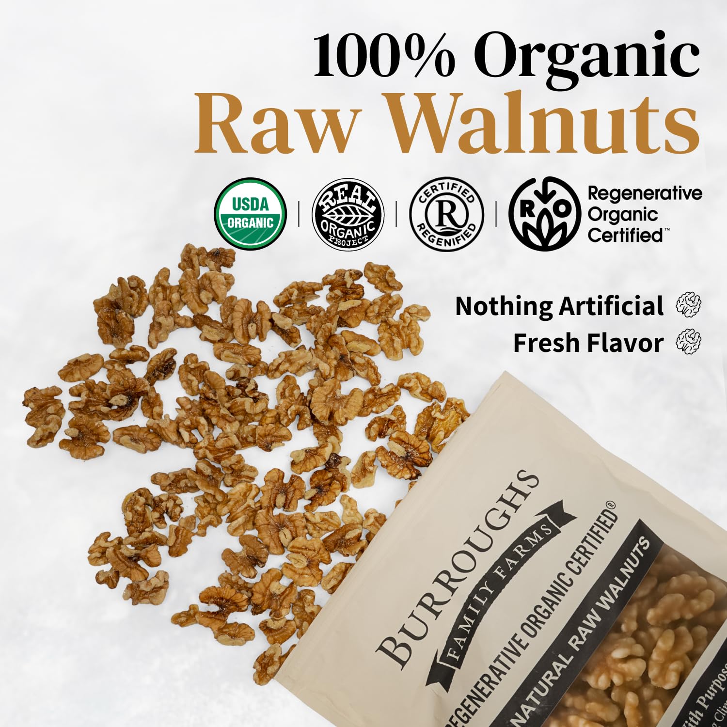 Burroughs Family Farms walnuts in a fresh-pack bag signaling freshness.