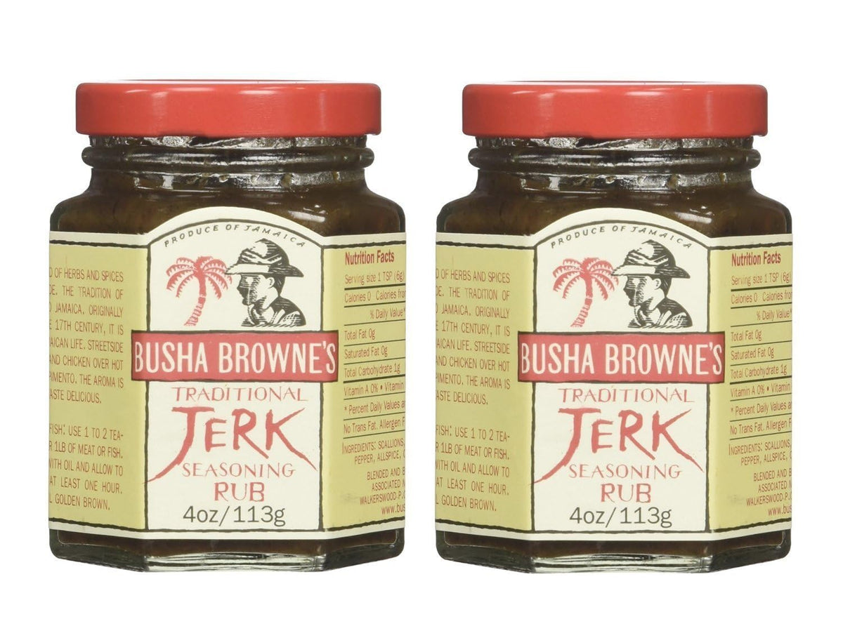 Busha Browne Jerk Seasoning bottle front for authentic Jamaican flavor ready for grilling.
