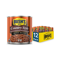 Bush's Best 16oz country-style baked beans can on shelf; hearty side for cookouts