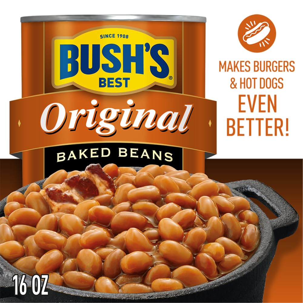 Bush's Best Original Baked Beans back label highlights gluten-free and fiber content.