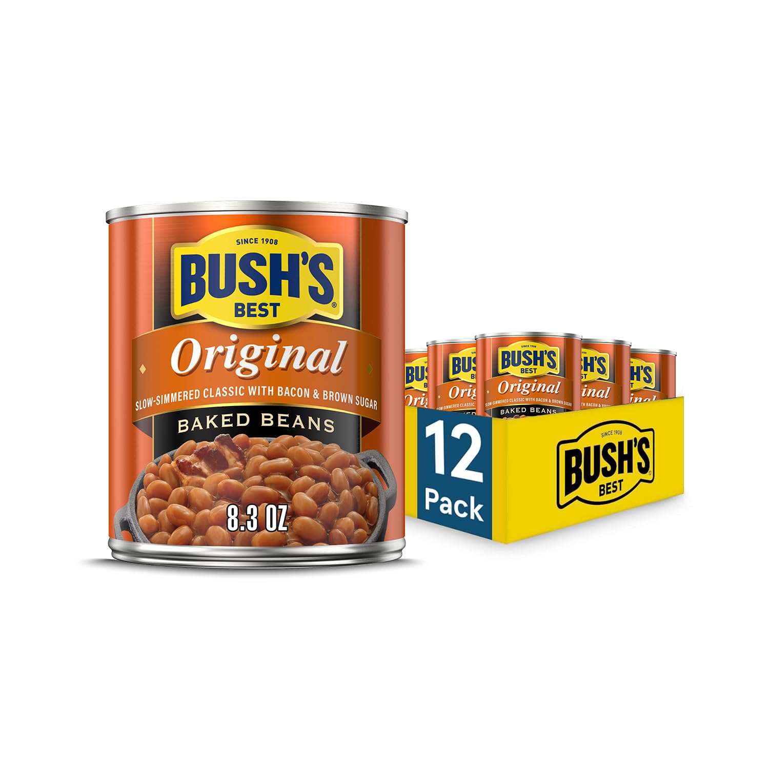 Bush's Best Original Baked Beans can with bacon-brown-sugar, ready to heat for a hearty weeknight dinner.