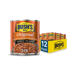 Bush's Best Original Baked Beans can with bacon-brown-sugar, ready to heat for a hearty weeknight dinner.