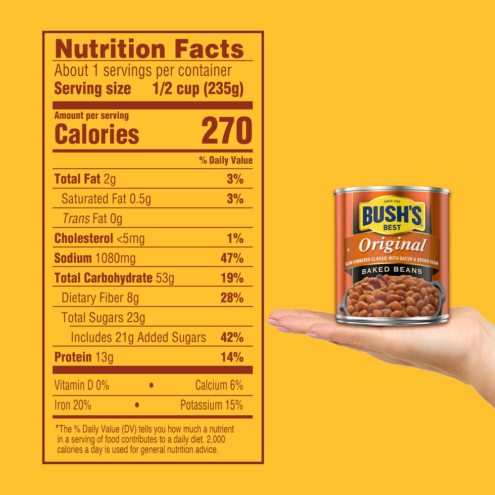 Bush's Best Original Baked Beans lift-tab lid, quick opening for easy weeknight sides.