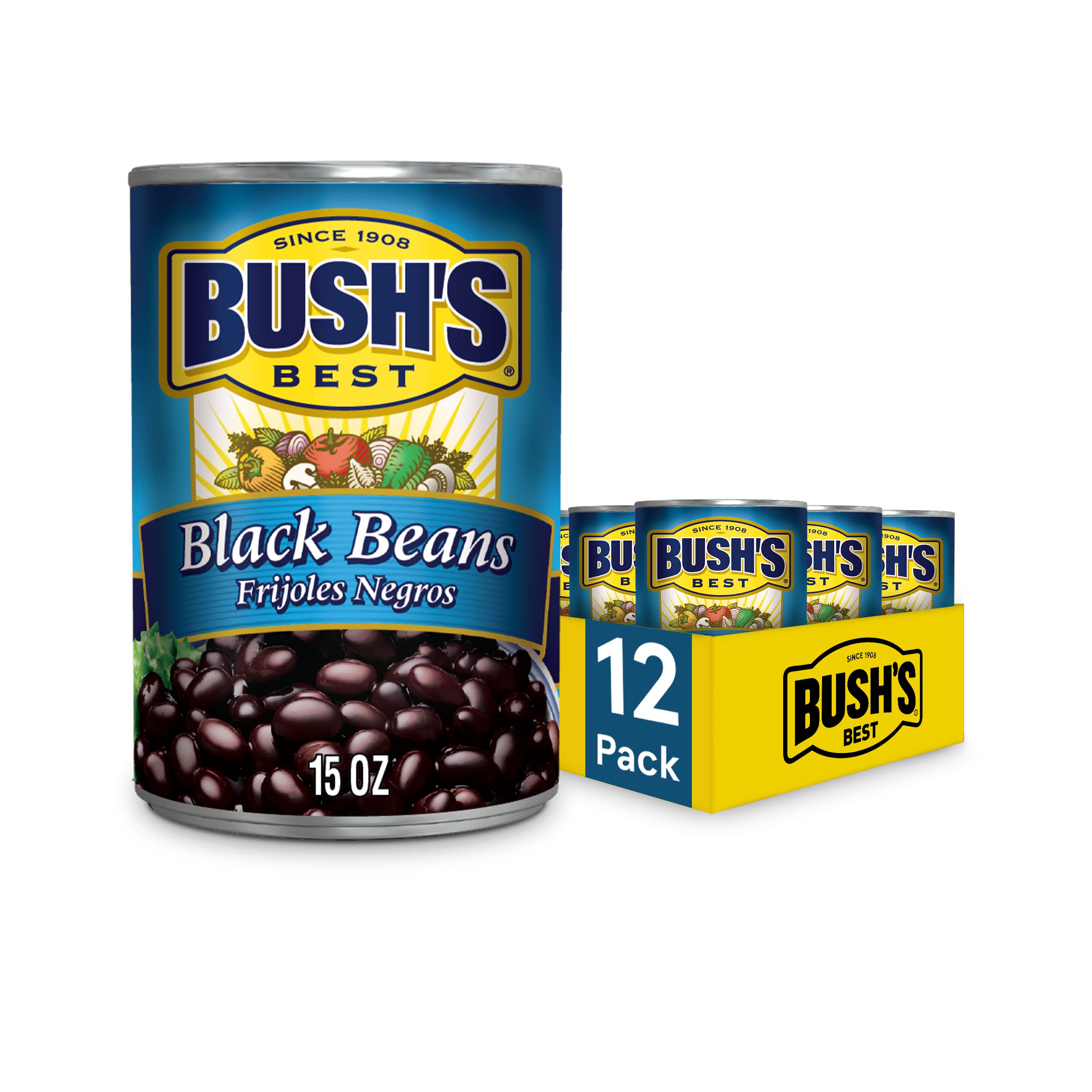 Bush's Best Black Beans can 15oz with plump beans and creamy texture.
