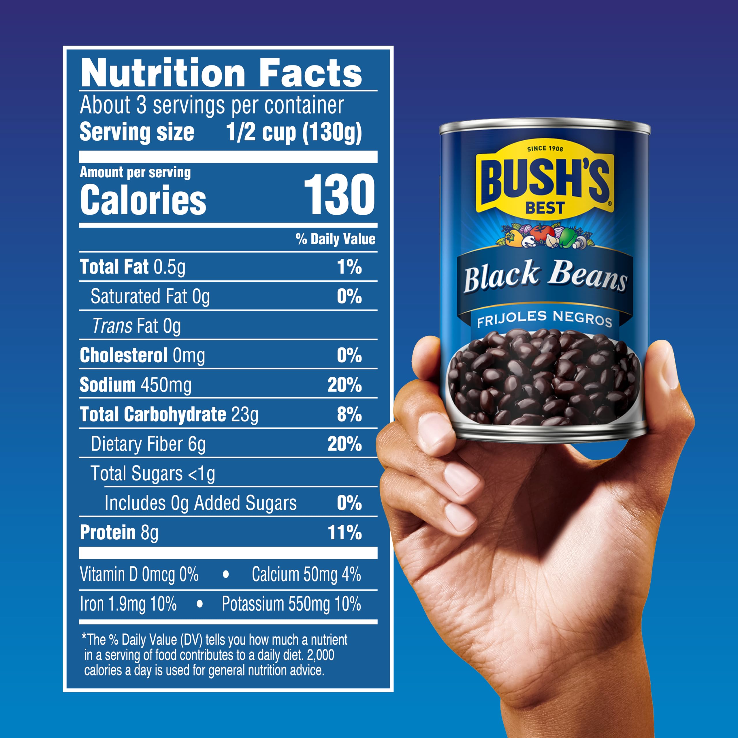 Label close-up showing gluten-free and dairy-free on the Bush's Best Beans.