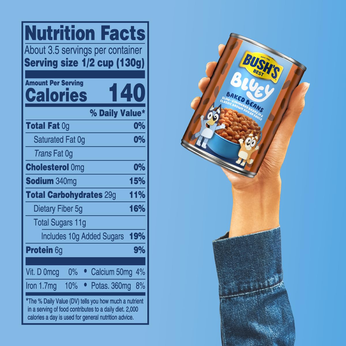 Bush's Best Bluey Baked Beans back label closeup shows nutrition details for informed choices