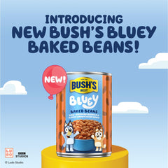 Bush's Best Bluey Baked Beans poured into a bowl with thick glaze