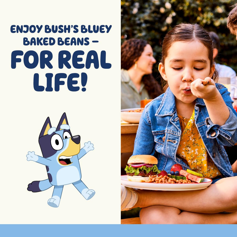 Bush's Best Bluey Baked Beans spoonful highlighting iron and fiber